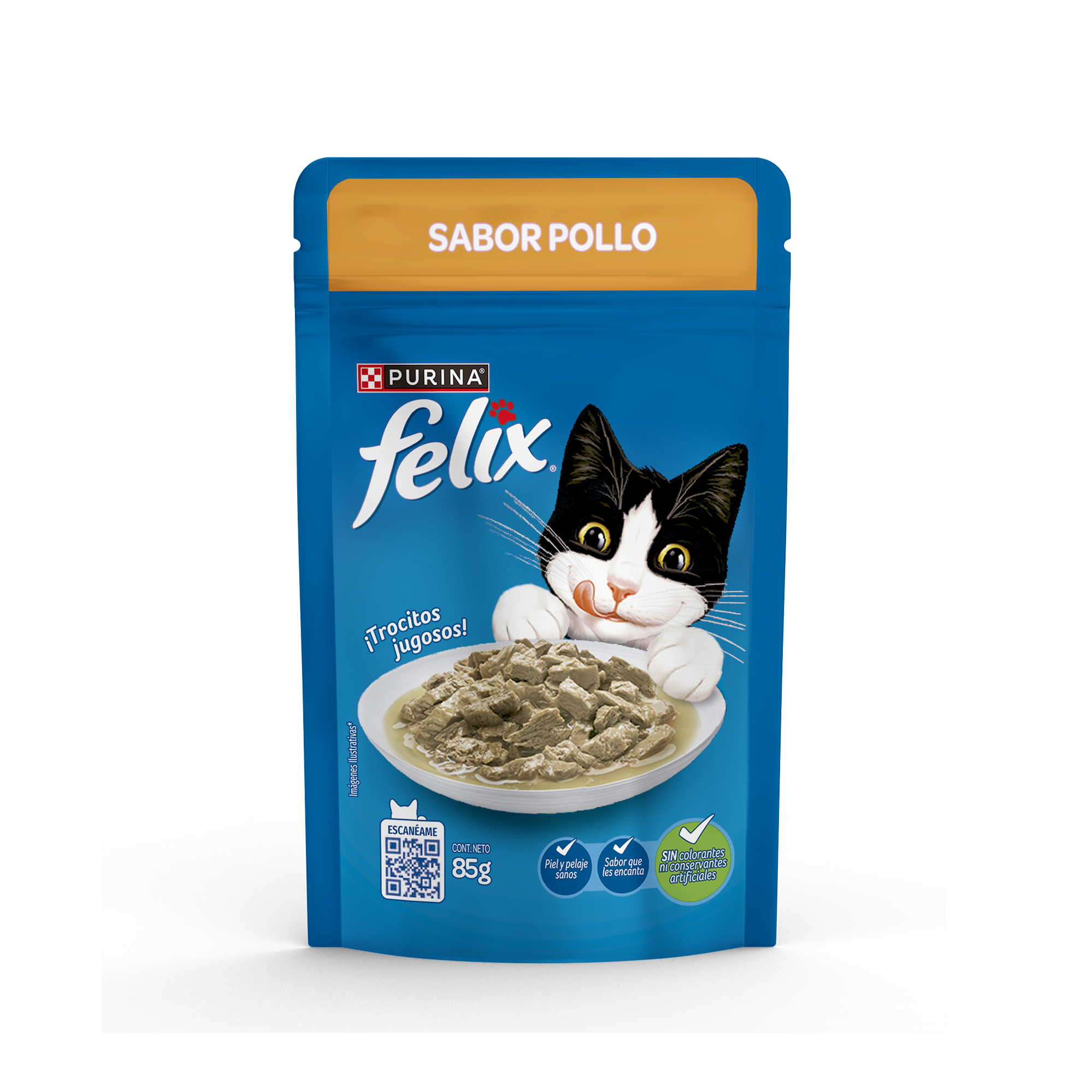 Alimento húmedo para gatos Felix sabor pollo en sobre de 85g con trocitos jugosos y nutritivos.